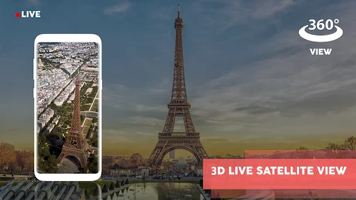 Live 360-degree and 3D satellite view of Eiffel Tower showing advanced 3D mapping perspective technology