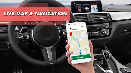 Live Navigation GPS in-car display showing real-time map directions, current speed, and turn-by-turn guidance on mobile device