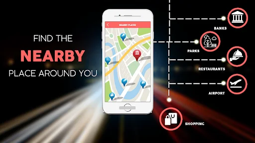 Nearby places finder showing banks, parks, restaurants, airports, and shopping locations marked on interactive live map
