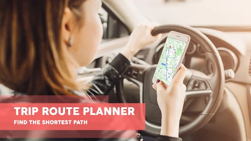 Trip route planner feature displaying shortest path options with distance, duration, and turn-by-turn driving navigation