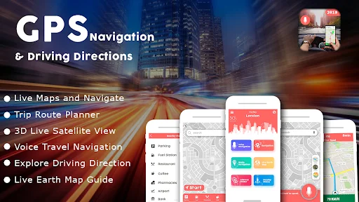 GPS Navigation app with live maps, trip planner, 3D satellite view, voice travel navigation, and driving direction features