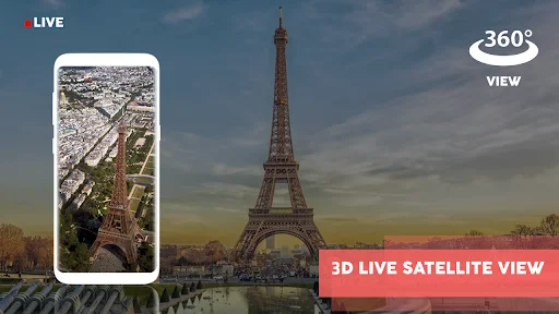 3D live satellite view with 360-degree perspective showing real-time landmark views like Eiffel Tower in high detail