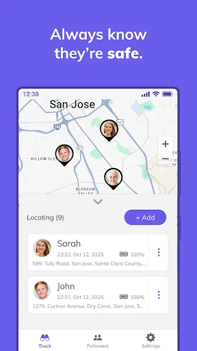 Live location map showing multiple family members tracked in San Jose with their names, battery status, and options to add contacts to location sharing group