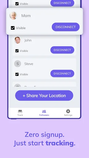 Contact list displaying family members with visibility status and disconnect buttons, plus a prompt to share your location with tracked contacts