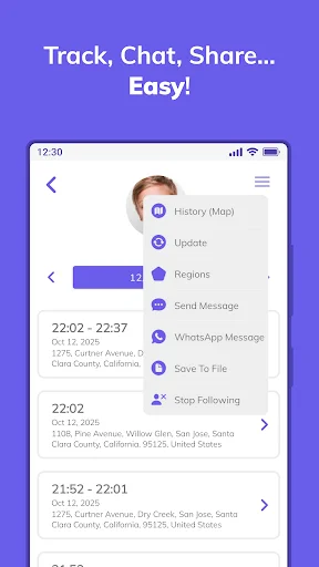 Location history view with timeline of movement events, addresses, timestamps, and action menu including message, WhatsApp, and stop following options