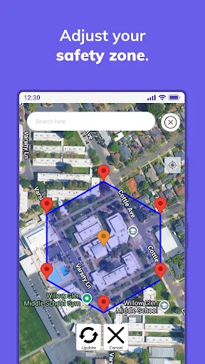 Safety zone creation interface with interactive hexagonal geofence boundary on satellite map and adjustment tools to customize protected area perimeter