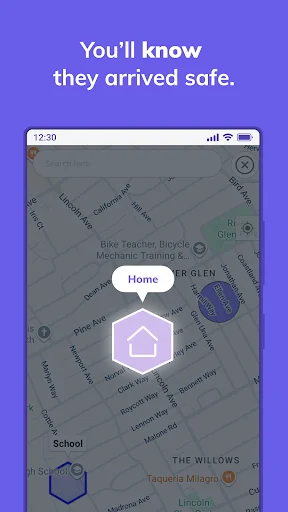 Saved location zones on map displaying Home and School locations with hexagonal icons, enabling arrival notifications when family members reach designated areas