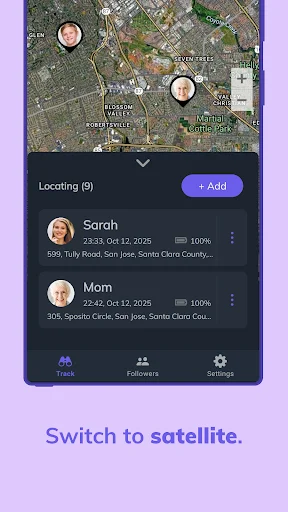 Satellite map view showing nine tracked locations with real-time family member profiles including names, timestamps, addresses, and battery percentages