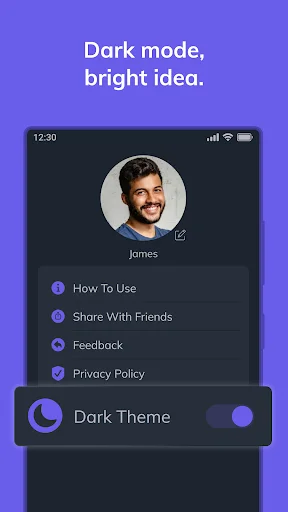 Dark mode settings screen featuring user profile, navigation menu with help and privacy options, and dark theme toggle for battery-friendly display
