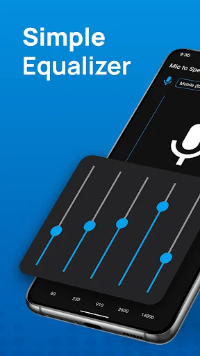 Simple Equalizer screen with frequency control sliders for audio adjustment in mic to speaker app