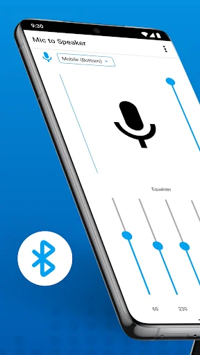 Mic to Bluetooth Speaker app home screen with microphone, equalizer controls, and Bluetooth pairing icon