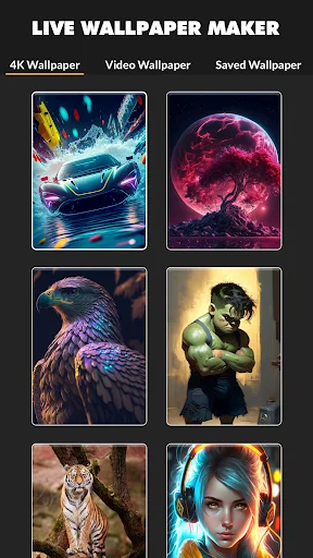 Live Wallpaper Maker gallery with 4K wallpaper thumbnails including car, moon, bird, tiger, and portrait designs
