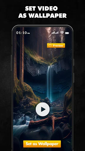 Set video as wallpaper preview screen displaying waterfall landscape with Preview and Set as Wallpaper buttons