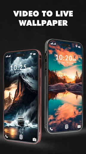 Two smartphones showing live video wallpapers with animated ocean wave and sunset reflection on home screens