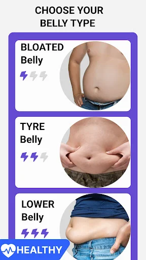 Weight loss app belly type selection screen showing bloated, tyre, and lower belly fat options