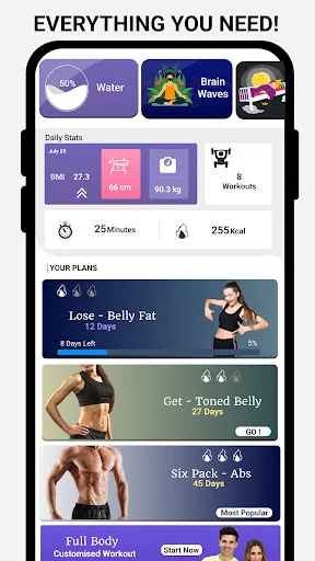 Fitness app dashboard displaying BMI, weight stats, workout plans for belly fat loss and six-pack abs