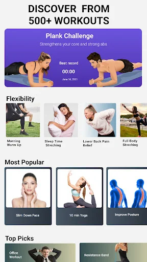 Workout library screen showing 500+ exercises including plank challenge and flexibility training options