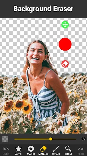 Photo background eraser demonstrating automatic subject detection with transparent backdrop and editing toolbar