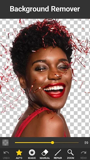 Background remover app showing precise background removal with festive portrait and transparent PNG output