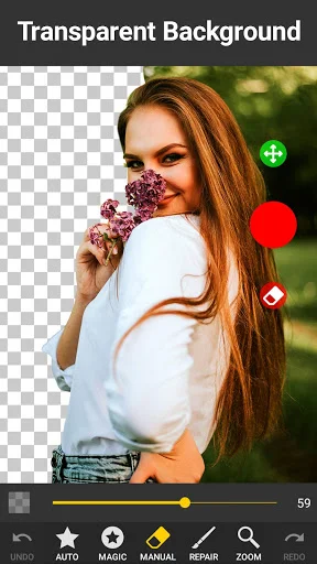 Transparent background maker app displaying portrait with removed background and manual editing tool options