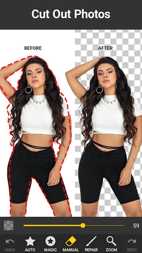 Cut out photo feature showing before and after background removal comparison with precise subject extraction