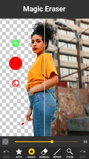 Magic eraser tool interface for background removal with manual editing controls and transparent PNG preview