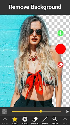 Background remover app interface showing split screen comparison of original and erased photo background