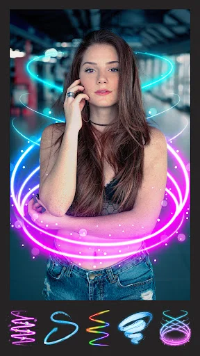 PicsApp neon light effects - photo with glowing purple and blue circular rings and light filter options