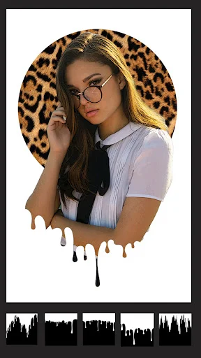 Photo frame editor showing drip effect with leopard print background and creative border styles