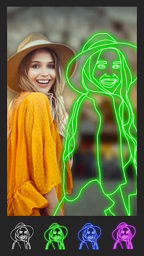 Neon outline photo effect in PicsApp with green glow trace and multiple color options for portraits