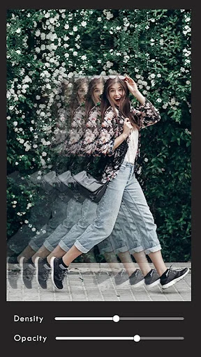 Motion blur dispersion effect in photo editor with adjustable density and opacity controls