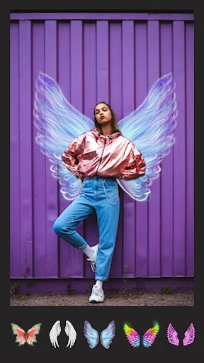 Angel wings photo overlay effect with selection of colorful wing stickers and filters