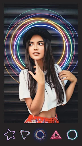 Rainbow circular neon rings photo effect with geometric shape light filters and options