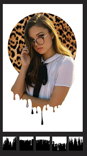 Photo frame editor showing drip effect with leopard print background and creative border styles