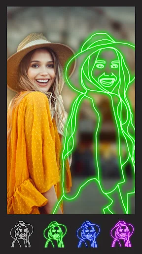 Neon outline photo effect in PicsApp with green glow trace and multiple color options for portraits