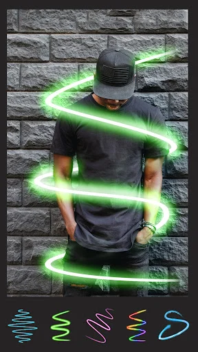 Green neon spiral light trail effect wrapping around photo with various glow pattern options