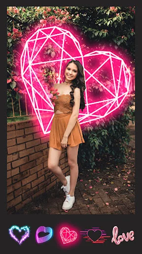 Pink geometric heart neon light effect for photos with romantic light overlay filter choices