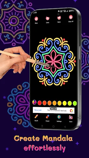 Mobile app displaying vibrant neon mandala coloring with brush tool and color palette for creating mandalas effortlessly