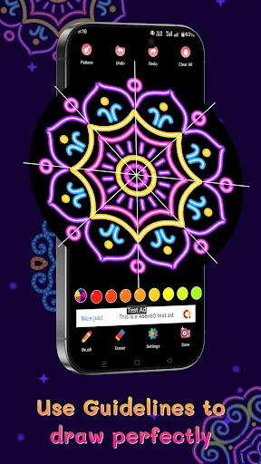 Mandala drawing app with symmetry guidelines and grid lines to help users draw and color geometric patterns perfectly