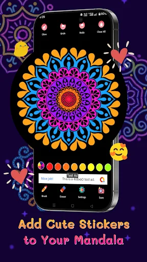 Paint app featuring colorful mandala designs with cute stickers to personalize and enhance your digital mandala artwork