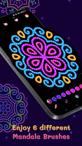 Mandala coloring app with 6 different artistic brushes offering varied painting styles and effects for neon mandala designs