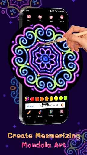 Create intricate mesmerizing mandala art using digital painting tools with vibrant neon colors and symmetrical pattern designs