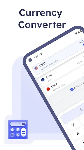 Currency converter app main screen showing USD, EUR, CNY exchange rates with calculator for travel conversions