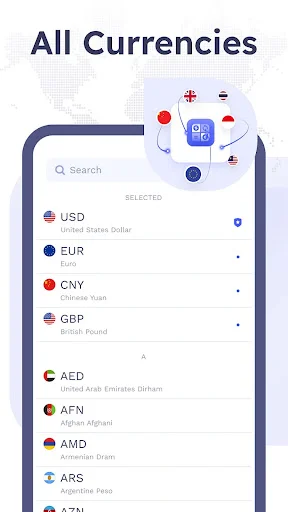 All currencies list view displaying USD, EUR, CNY, GBP with country flags and searchable world currency options