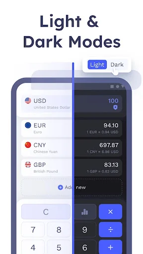 Light and dark mode toggle for currency converter showing USD EUR CNY GBP exchange rates in both themes