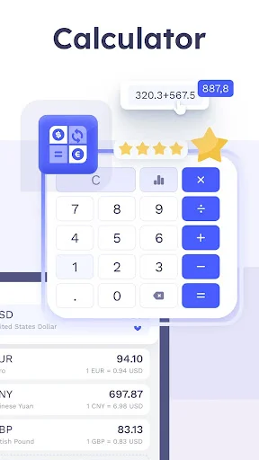 Built-in calculator feature for currency conversion showing numeric keypad and real-time FX rate calculations