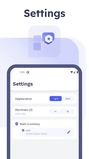 Settings screen for currency app with appearance mode, decimal precision, and main currency selection options