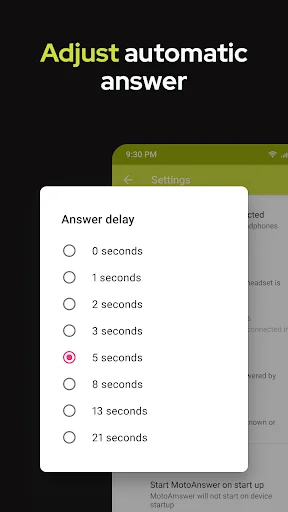 MotoAnswer settings screen to adjust automatic answer delay from 0 to 21 seconds for incoming calls