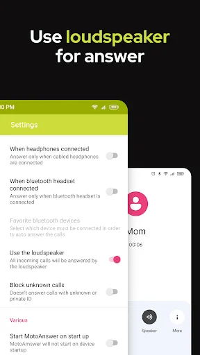 MotoAnswer loudspeaker settings to route auto-answered calls through speaker, headphones, or bluetooth