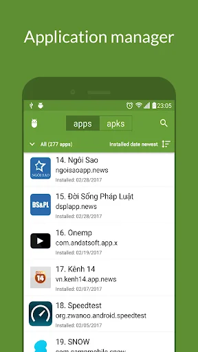 Application manager screen listing installed apps with names, icons, and installation dates in My APK